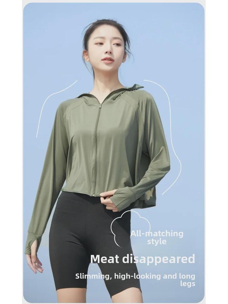 Женская черная куртка Ice Silk с капюшоном 2024 года — дышащая, с защитой от ультрафиолета и солнца