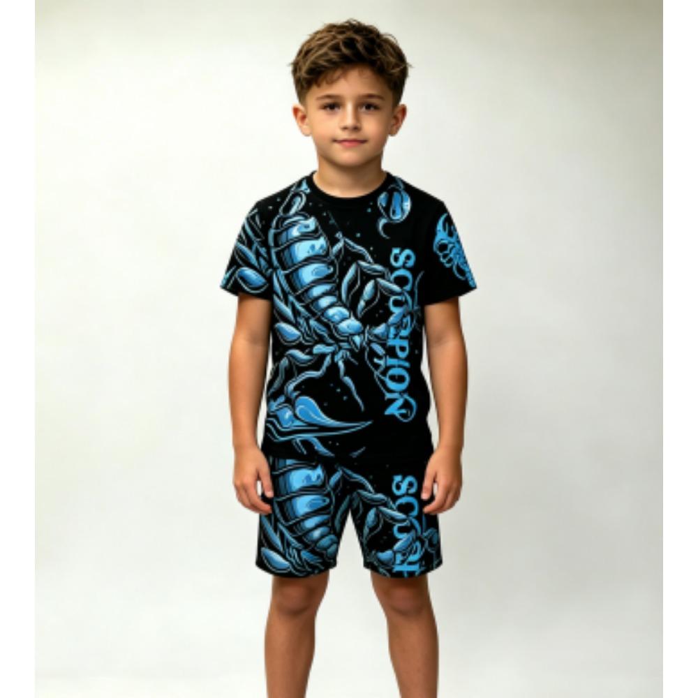 Animal Scorpion Pattern Printed 13 Colors Outdoor Street Kids T-shirt and Shorts 2 Piece Set Summer Home Casual Outfit Boy and Girl's Sports Set