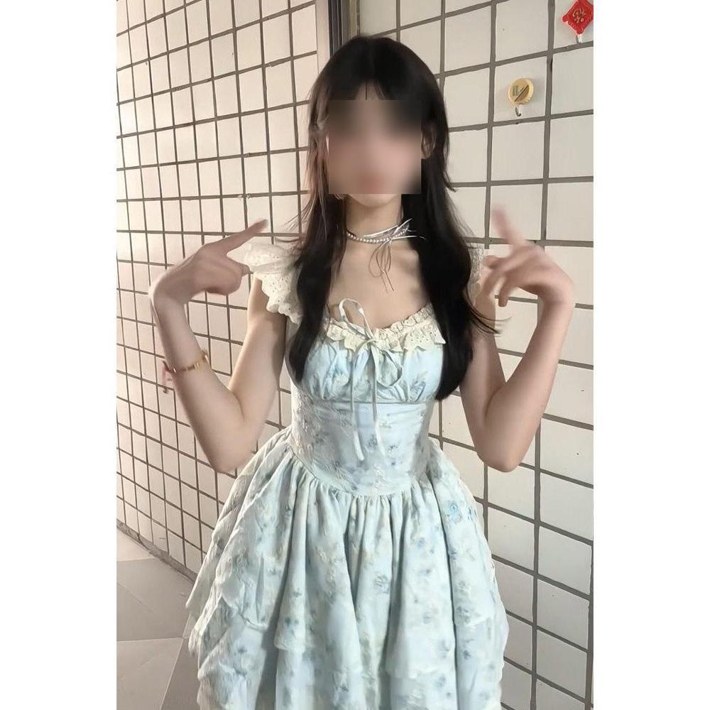 Сладкое Платье Spice Girl с Голубыми Рукавами-Крылышками Женское Летнее Приталенное Пышное Короткое Платье Сладкое Премиальное Платье Принцессы-Торта