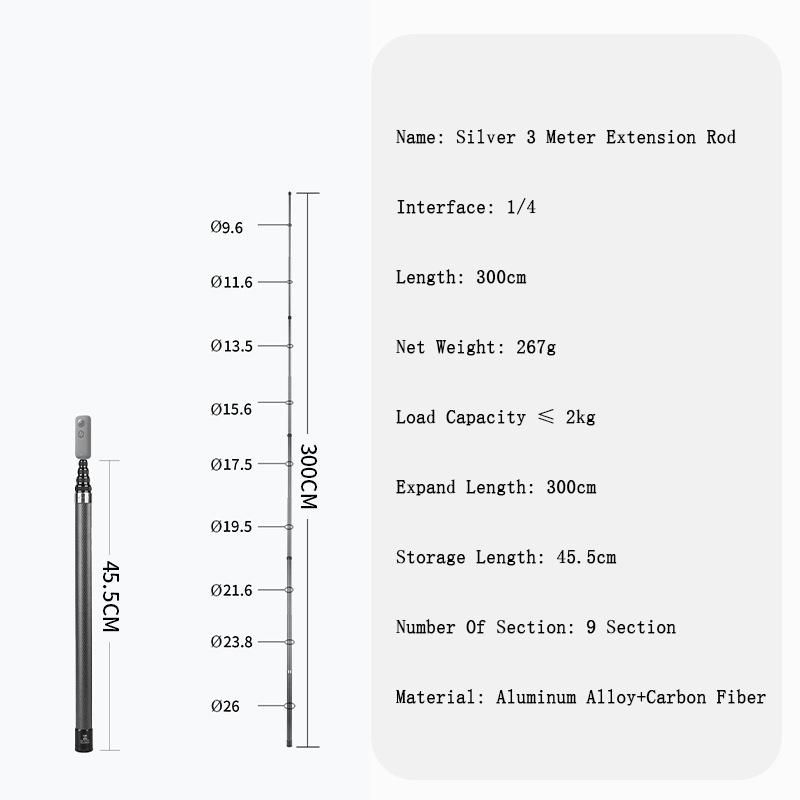 For Insta360 X5 X4 X3 X2 3m Long Carbon Fiber Extended Selfie Stick Scalable Monopod Stick Tripod for GoPro DJI Action Camera