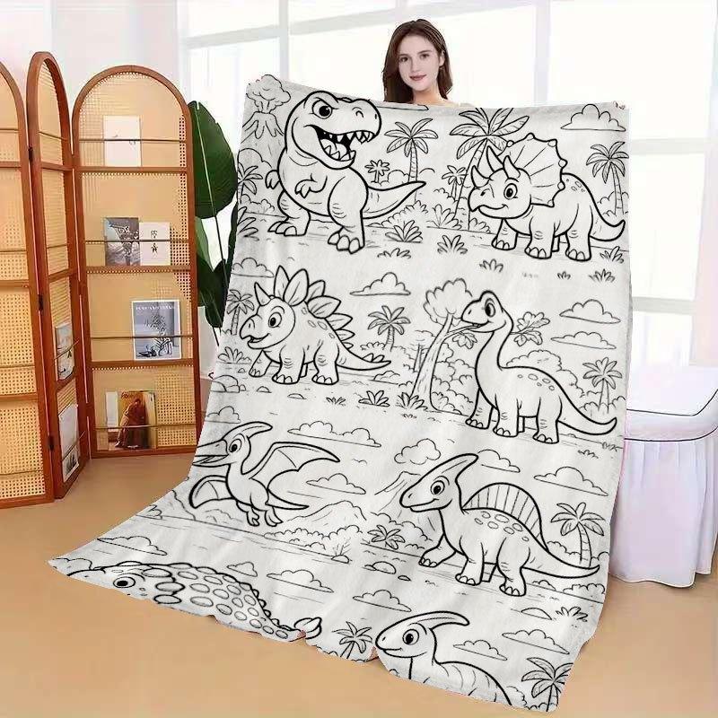 Healing Style Hand-Drawn Dinosaur Theme Coloring Style Flannel Blanket, Creative Prehistoric Creature Printed Design Soft And Skin-Friendly Warm Throw