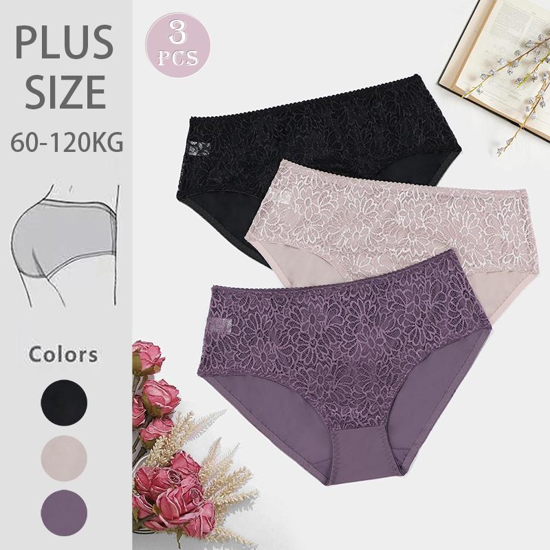 3Pcs Women Plus Size Panties Solid Color Floral Lace Patchwork Briefs 0Xl-5Xl