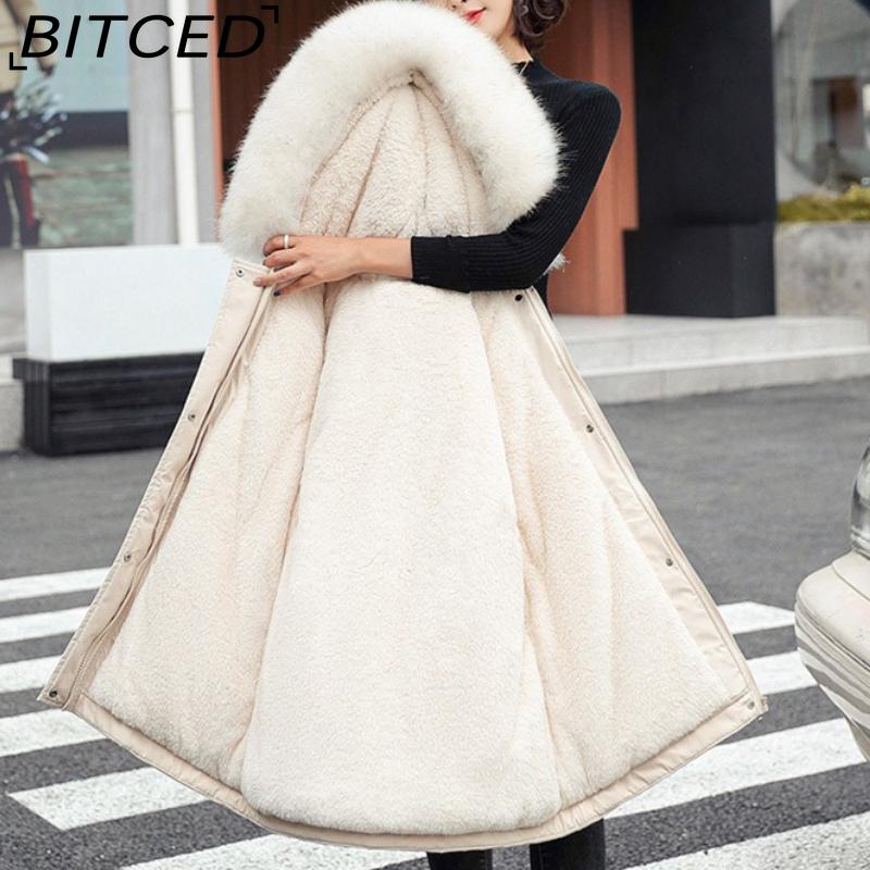 BITCED Women's Winter Mid-Length Cotton Coat with Fleece Lining, Large Fur Collar, Plus Size, Short Waist-Defining Jacket