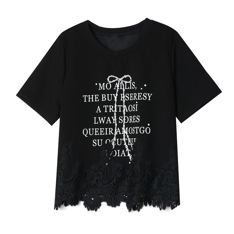Dimanaf 2025 Новые летние футболки больших размеров с коротким рукавом и круглым вырезом, однотонные свободные черные кружевные топы, футболки
