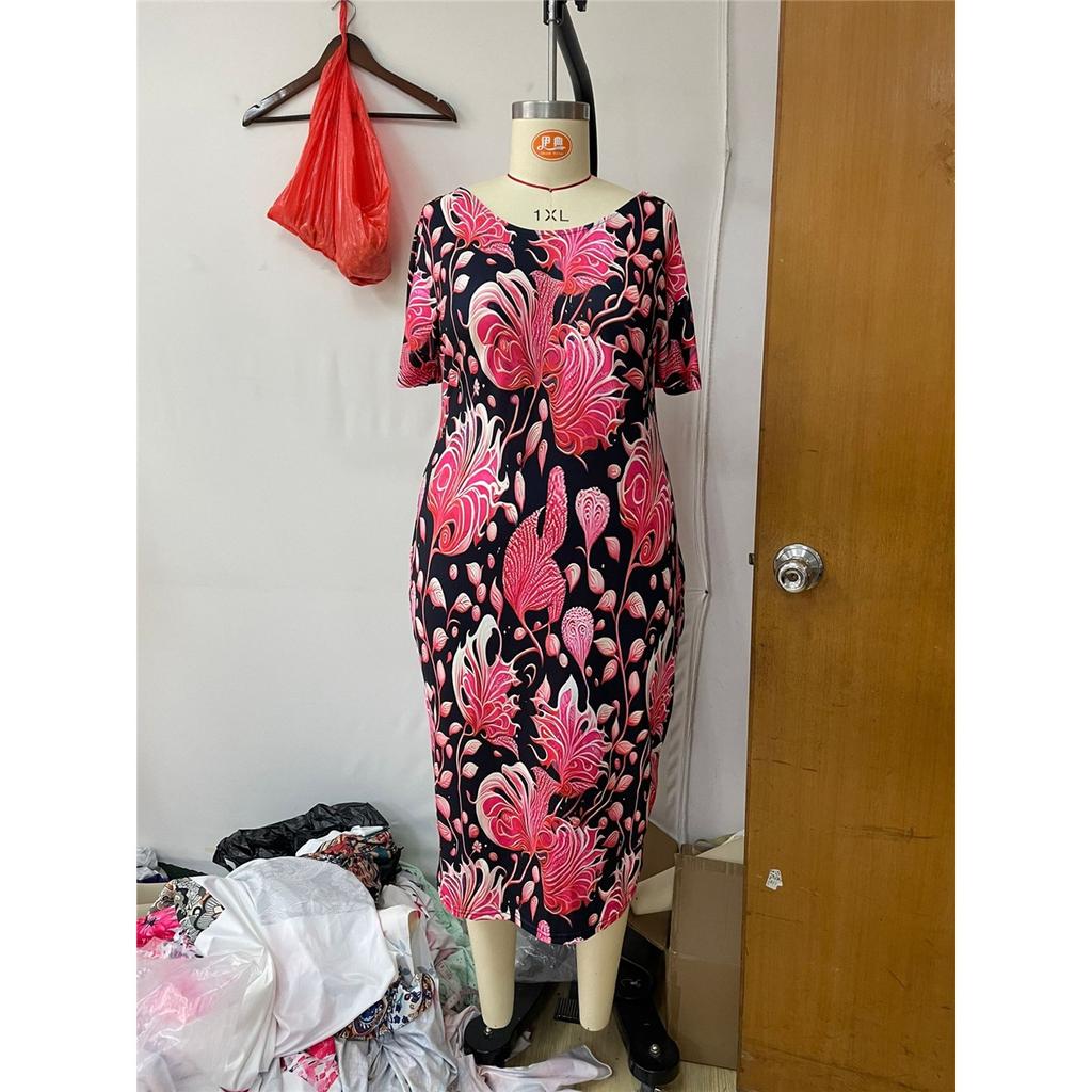 Женское платье больших размеров с короткими рукавами и круглым вырезом, элегантное облегающее платье миди