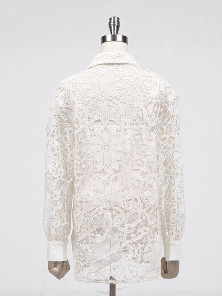 2025 French Fashion Lace Floral Long Sleeve Tunic with Turn-Down Collar