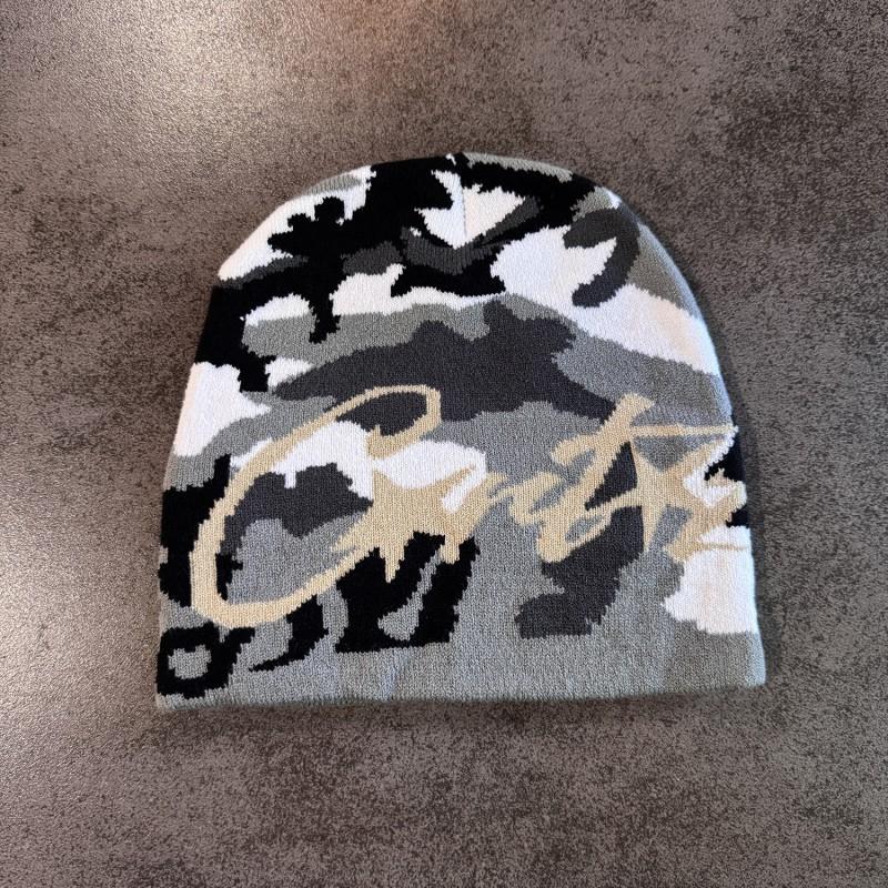 American Vintage Letter Camo Knit Beanie Winter Warm Streetwear Men Women