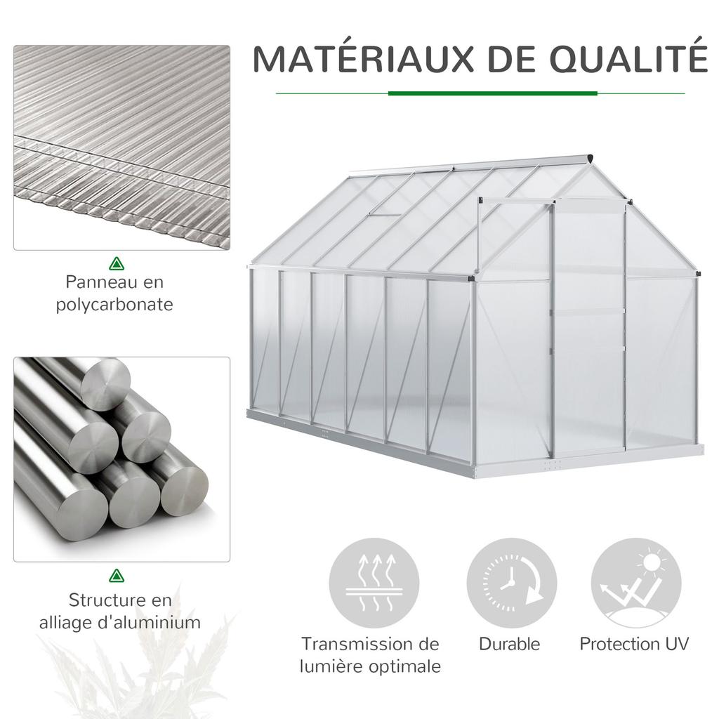 Garden Greenhouse 7.1 M² In Aluminum Polycarbonate With Foundation 190 X 375 X 199 Cm Greenhouse With Window