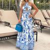 Women Maxi Dresses Summer Fashion Vintage Printed Backless Halterneck Tie Up Cutout Party Beach Long Skirt Dresses