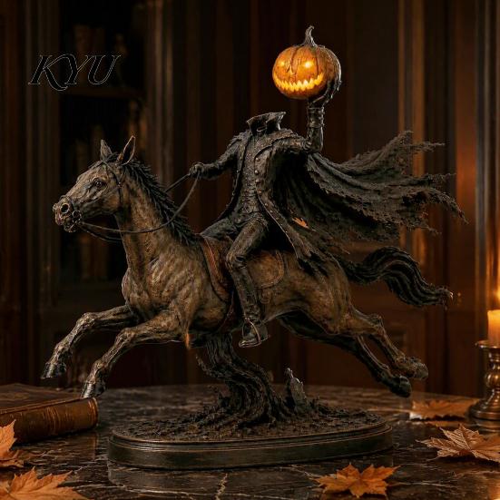 Sleepy Hollow Knight Ornament Headless Horseman Statue with LED Pumpkin Light, Resin Halloween Dark Retro Tabletop Figure Figurine, Horror Sculpture
