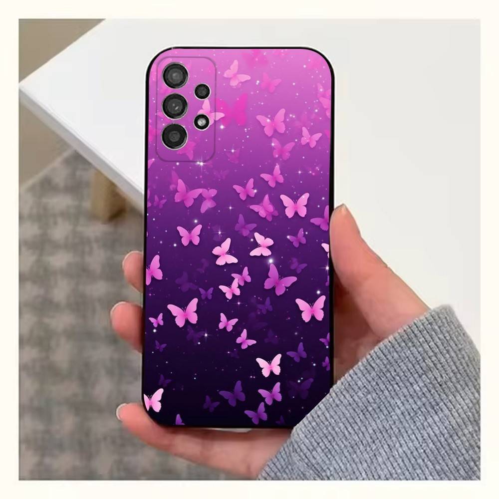 Pink Butterfly Pattern Phone For Samsung S22,S25,S24,S23,Ultra,FE,Plus,S21,S20,S10,S9,Lite,Soft Silicone Black