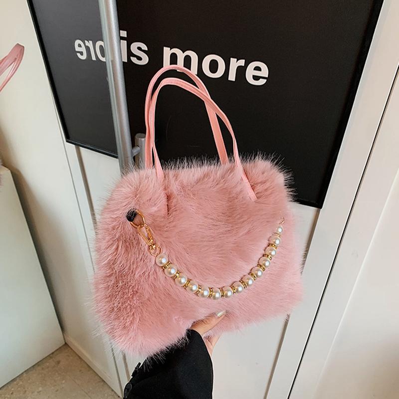 Hairy Handbag Pearl Chain Plush Small Square Bag For Women Fashion Elegant Shoulder Crossbody Bag Autumn Winter Versatile Totes