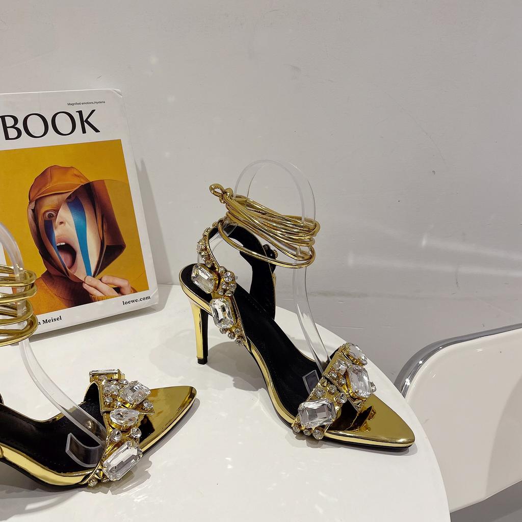 Golded Thin High Heels Ankle Strap Womens Sandals Luxury Sexy Pointed Peep Toe Crystal Diamond Party/club Wedding Shoe Sandalias