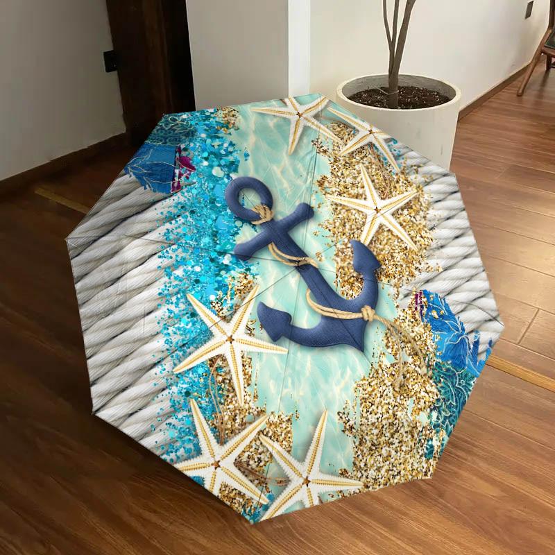 1pc Nautical Coastal Decor Anchor Starfish Rope Umbrella with Plastic Handle,Suitable for All Seasons Home Travel Outdoor UmbrellaDD1586