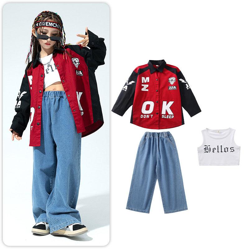 Teenage Hip Hop Clothes Suit Girls Jazz Street Dance Costume Kids Long Sleeve Shirt Denim Pants Sets Ballroom Dancewear Clothing