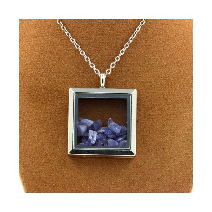 Stones and Minerals. Raw Tanzanite Necklace. Square Model. Color Silver.