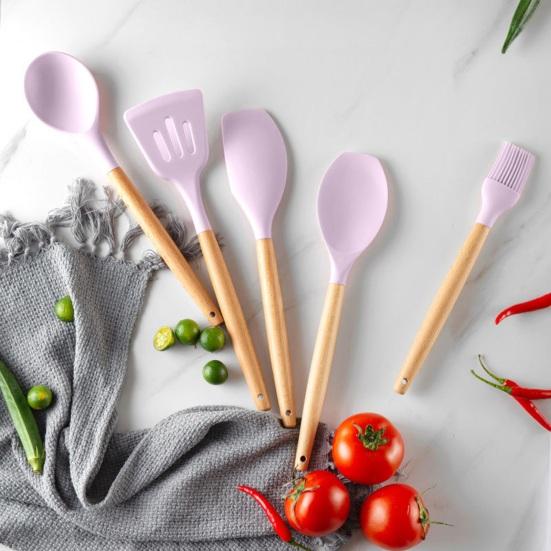 Silicone Kitchenware Set with Wooden Handles Heat Resistant Turner Tongs Spatula Spoon Brush Whisk Nonstick Cooking Tools
