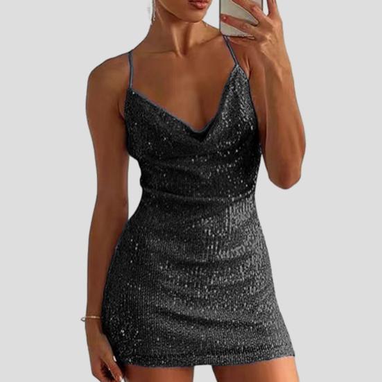 Женское платье с v-образным вырезом на тонких бретельках, блестящие блестки, открытая спина, мягкое облегающее платье без рукавов длиной выше колена, вечерние клубное мини-платье