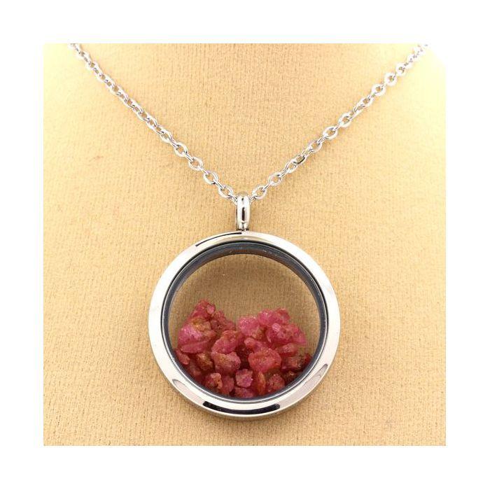 Collier - Pierres et Minéraux - Spinelle brut - Médaillon 20 mm - Acier inoxydable - Argenté