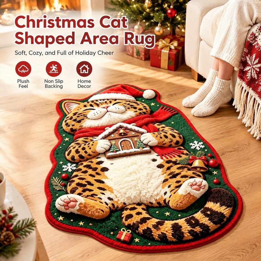 Red and Green Cat Shaped Area Rug Christmas Theme Pattern Faux Cashmere Rug for Living Room