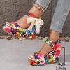 Fashion Women's High-heeled Sandals Fashion Round Head Open-toe Printed Waterproof Platform Side Butterfly Hitch Heel Shoes