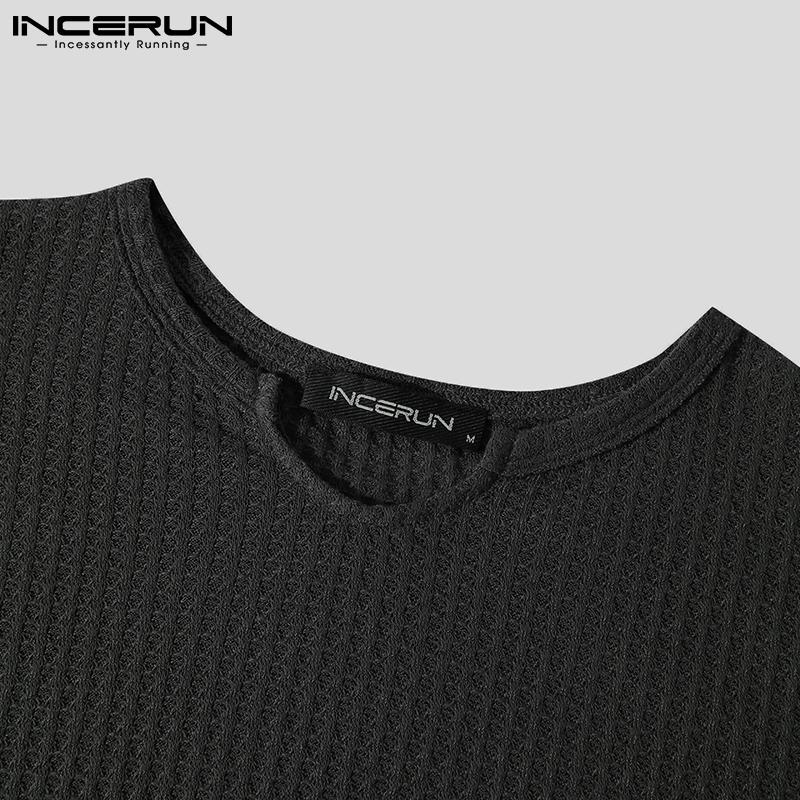 INCERUN Spring Mens Long Sleeve V Neck Solid Color Loose Spring Autumn Tops