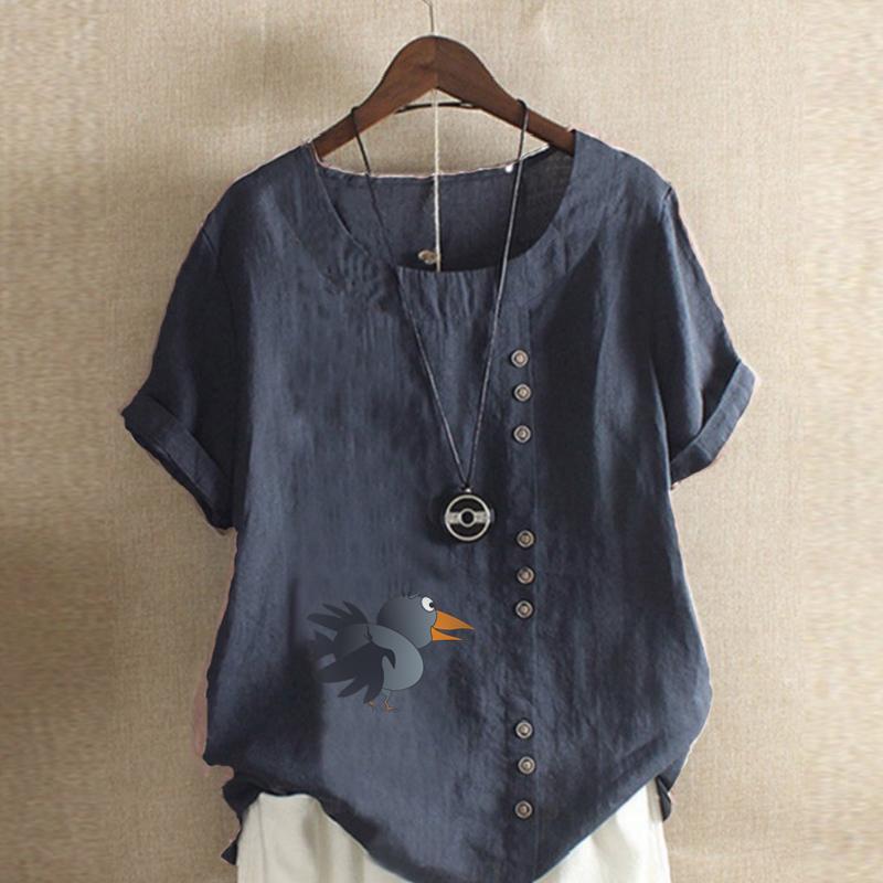 Women's Fashion Round Neck Short Sleeve T-shirt Casual Cotton Linen Graphic Shirt Leisure Loose Crow Prined Summer Blouse Tops