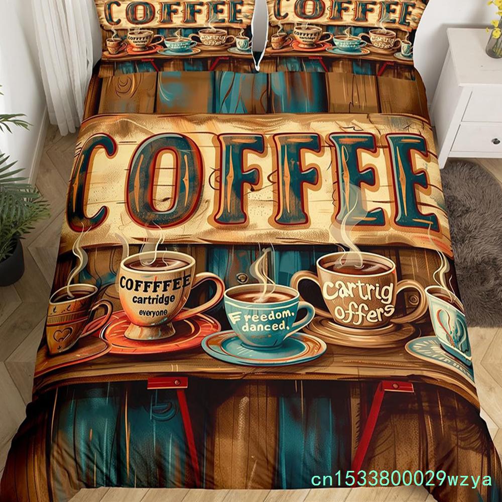 Пододеяльник с изображением кофейного напитка Queen King Cartoon Coffee Drink Cup Print Комплект постельного белья Coffee Lover Cover Modern Brown Quilt Cover