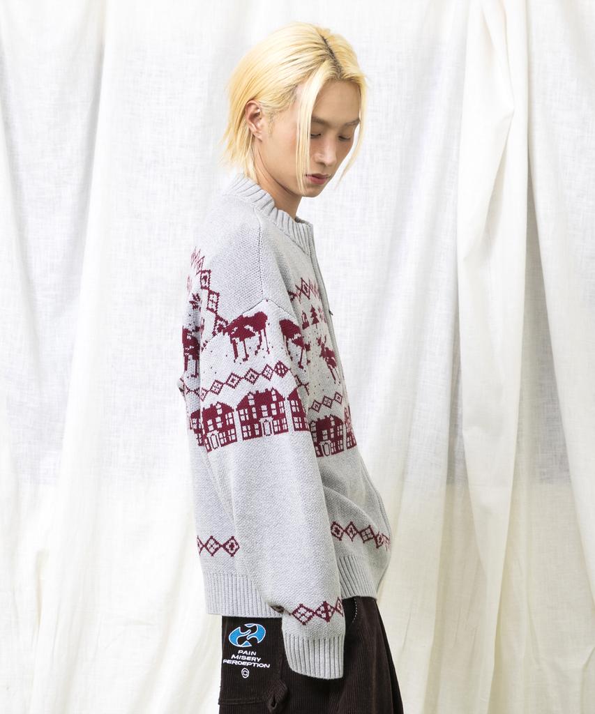 GLACK Gnt071 Kevin Nordic Pattern Knit Zip-Up (Gray)