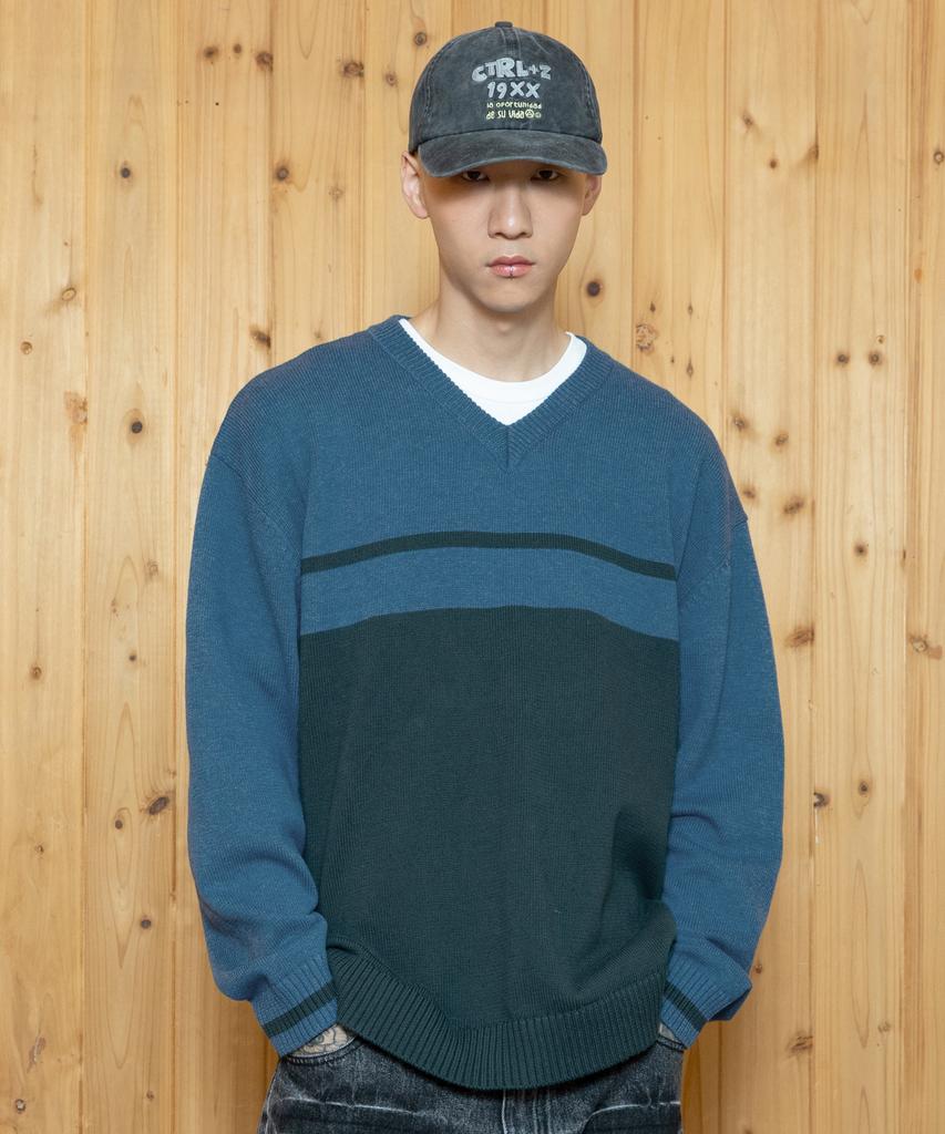 XTONZ Xtk175 Border V-Neck Pullover Knit (Blue)
