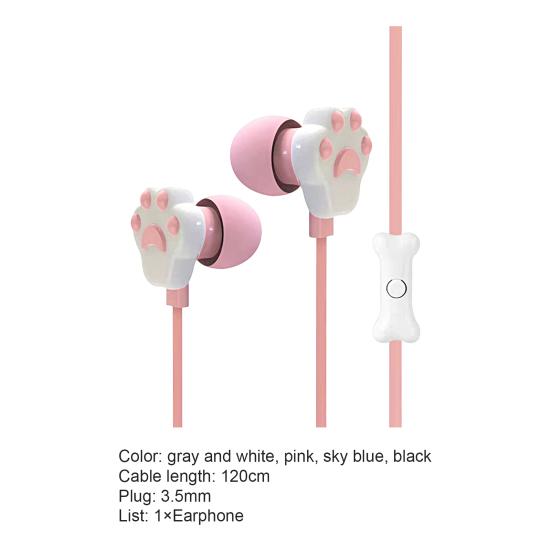 Wired Earphone Shock-proof Deep Bass Univeral Simple Cute Cat Paw In Ear Clear with Microphone for Running
