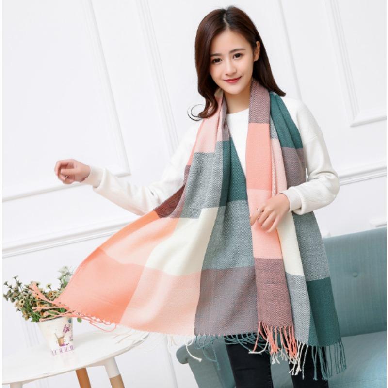 Autumn and Winter Dual-purpose Women's Imitation Cashmere Tassel Super Long Thickened Warm Color Plaid Scarf Shawl