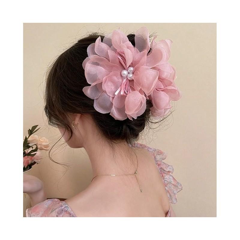 Large Tulle Bow With Pearls Clip Buckle Hair Ornament Pink