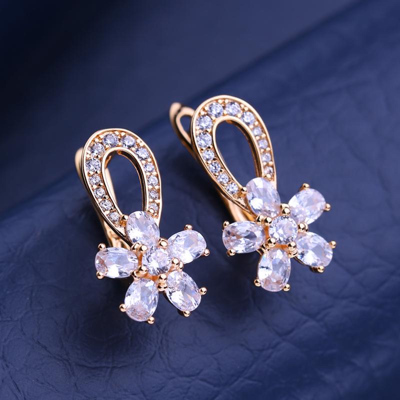KNIKOO Clip Earrings For Women Blue Cubic Zirconia Fashion Flower Stud Earrings Jewelry For Wedding Party Gifts