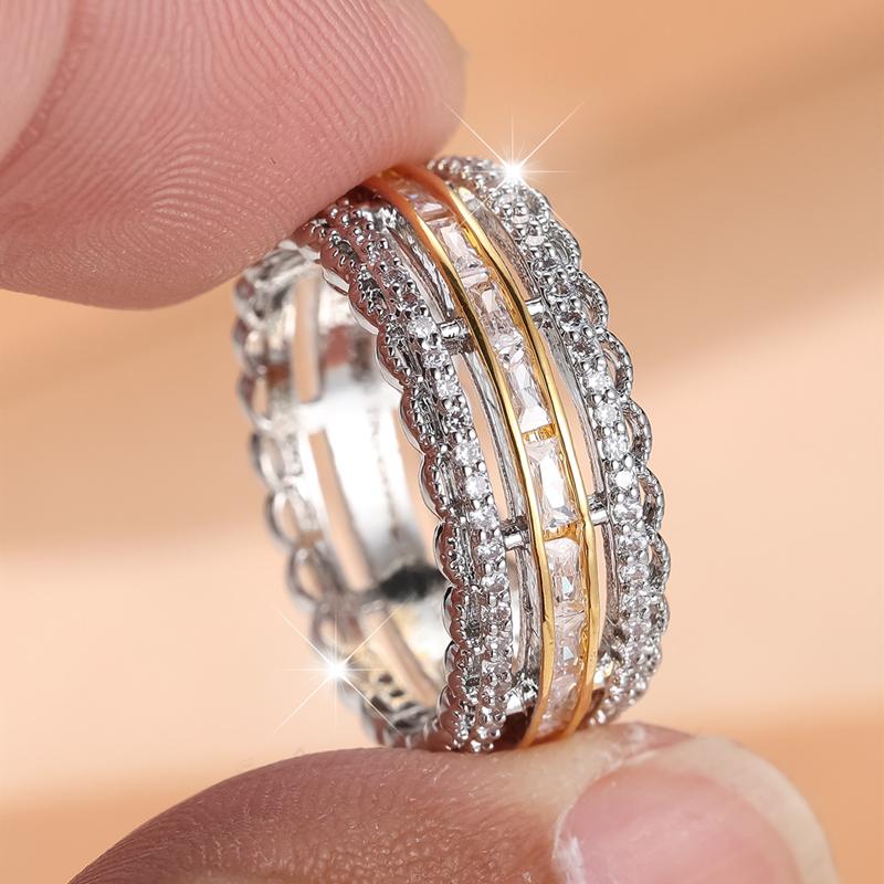 Exquisite Hollow Design Zircon Engagement Rings for Women Elegant Two Tone Style Finger Ring Party Jewelry Accessories