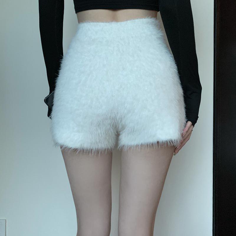 Женские сексуальные шорты, пушистые повседневные тонкие шорты, женские осенне-зимние эластичные вязаные шорты с высокой талией