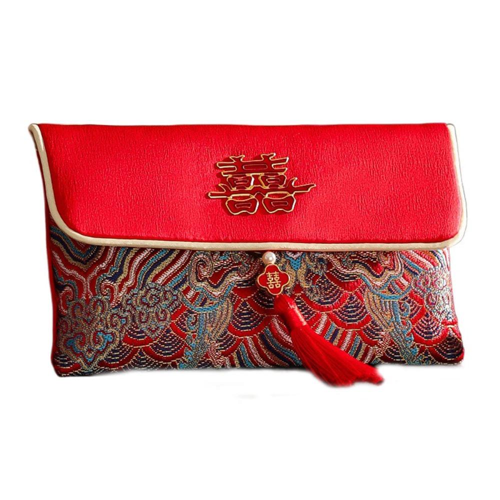 Chinese New Year PU Lucky Red Pockets Button Blessing Words Tassel Red Envelop PU Leather Spring Festival Wedding Money Bag