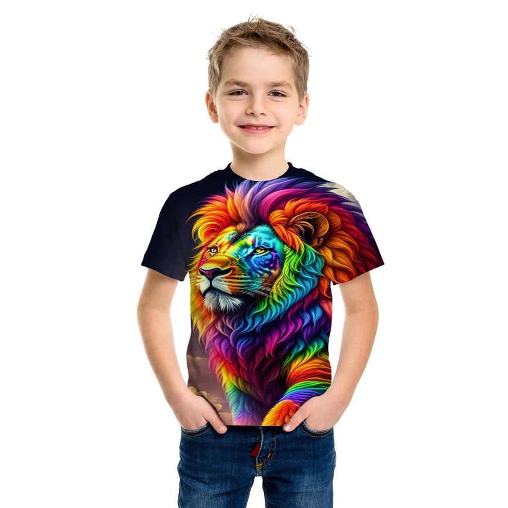 Summer Round Neck 3D Animal Lion Pattern Printed Top Fashionable Casual Short Sleeved Children's Boy T-shirts