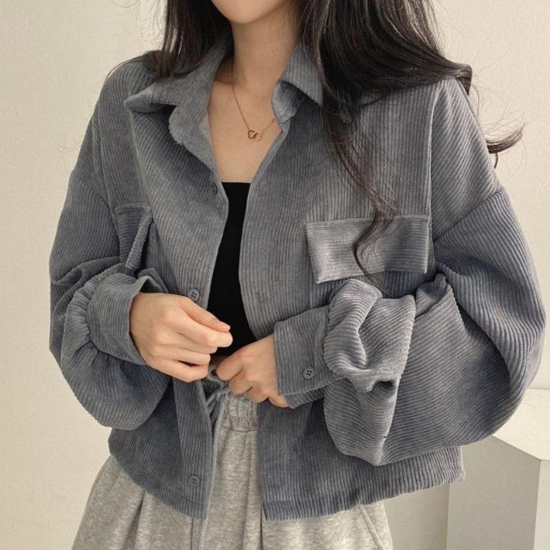Простая вельветовая рубашка с двумя карманами, женская осенне-зимняя модная короткая куртка, блузка