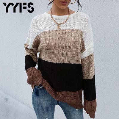 Черно-белый хаки женский осенне-зимний модный повседневный свитер с длинными рукавами и круглым вырезом