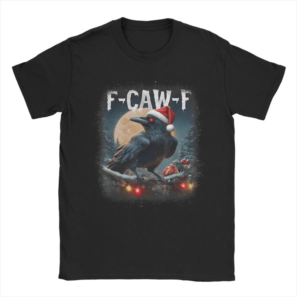 Crow F-Caw-F Funny Black Bird Moon Christmas Santa Hat T-Shirt for Men Crew Neck T Shirts  Short Sleeve Tee Shirt Clothing