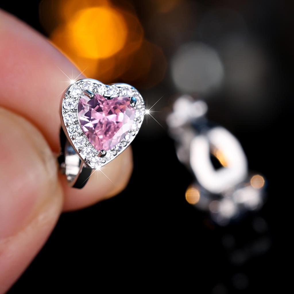 1 Pair Silvery Color Heart Cut Pink Stone Clip Earrings Ear Clip Wedding Jewelry Gifts