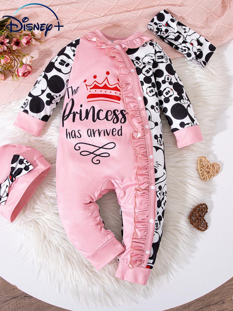 Baby Fashion Cartoon Print Round Neck Long Sleeved Jumpsuit With Hat And Headband