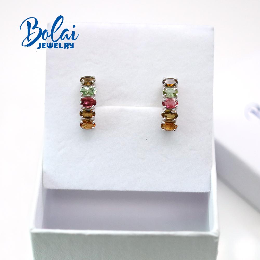 Bolaijewelry Серьги из стерлингового серебра 925 пробы с натуральным турмалином овальной формы 3*5 мм, простой дизайн, натуральные красочные драгоценные камни, изысканные украшения для девочек