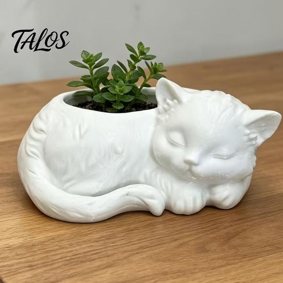 Талос 3D-печатный цветочный горшок 'Спящий кот', Мини-горшок для рабочего стола, Декоративный держатель для суккулентов и маленьких зеленых растений