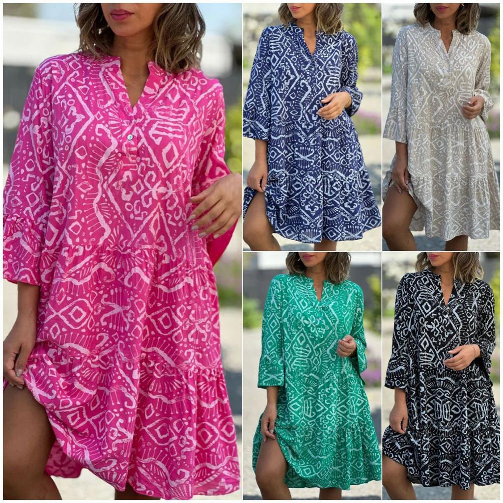 Women's Fashion Button V-neck Speaker 3/4 Sleeve Printed Patchwork Cake Dress