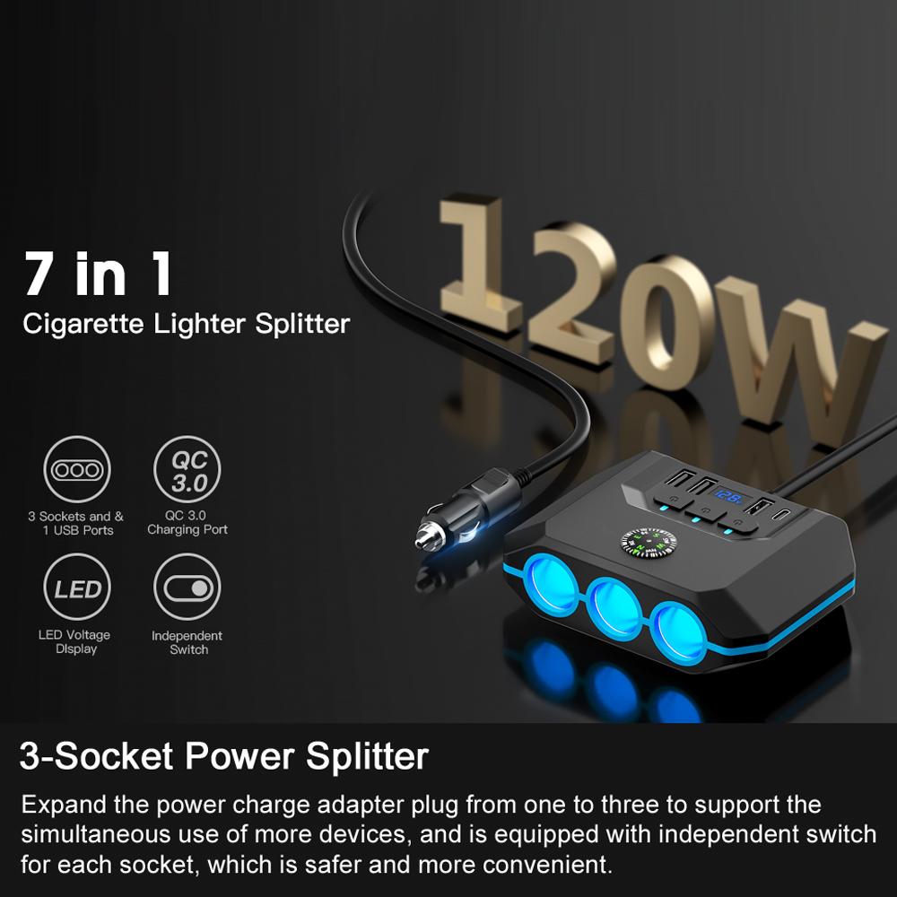 Car Chargers 120W High Power Charging Adapter 3-Socket Power Splitter 12-24V with 4 USB Ports LED