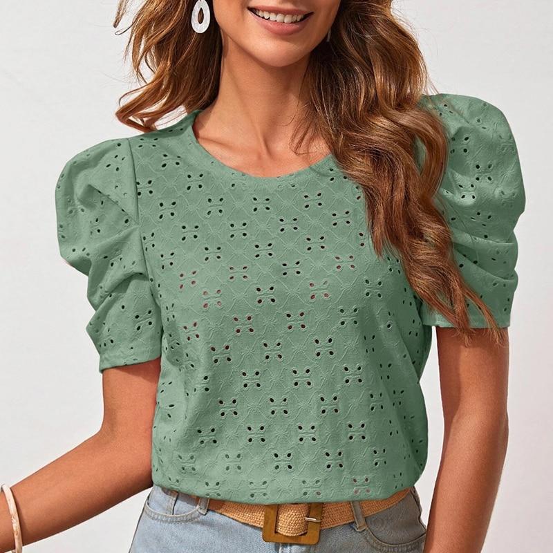 Жаккардовая летняя блузка с круглым вырезом и вырезом, элегантная плиссированная пышная футболка с коротким рукавом, женские топы, милые повседневные рубашки Mujer 25345