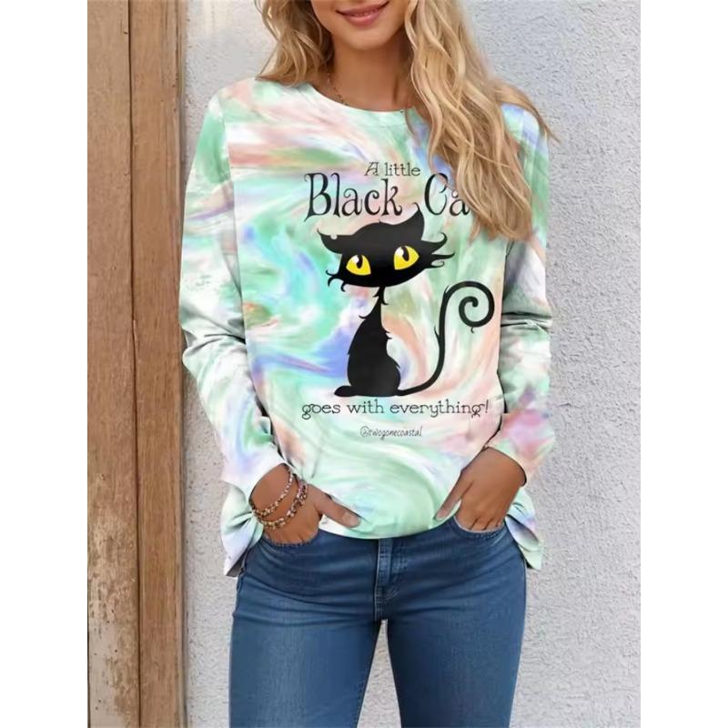 Women's T Shirt 3D Print Cat Butterfly Colorful Design Long Sleeve Daily Weekend Fashion Round Neck Regular Fit