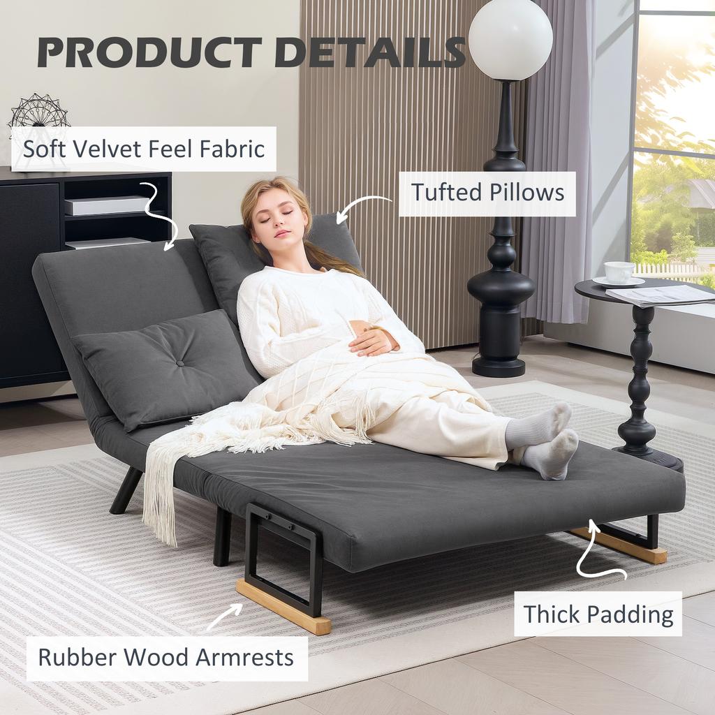 4-in-1 Velvet-Feel Double Sofa Bed, with Pillows - Dark Grey